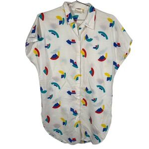 Vintage 80s White Multi Color Geometric Shirt California Girl Button‎ Up Medium